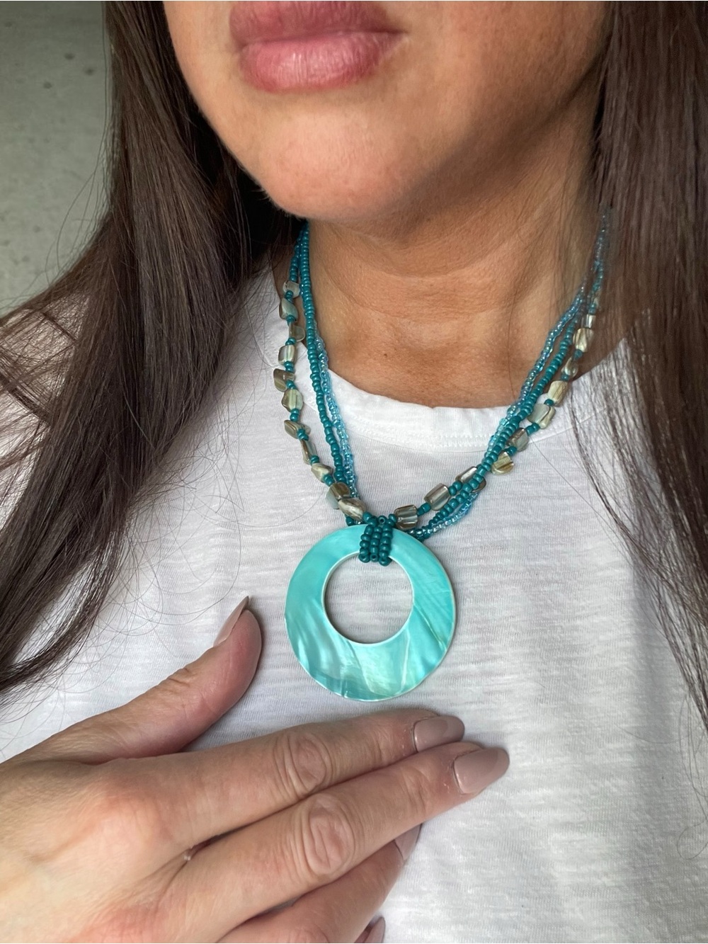 Turquoise Multi Strand Beaded Necklace Mother of Pearl Donut Pendant
